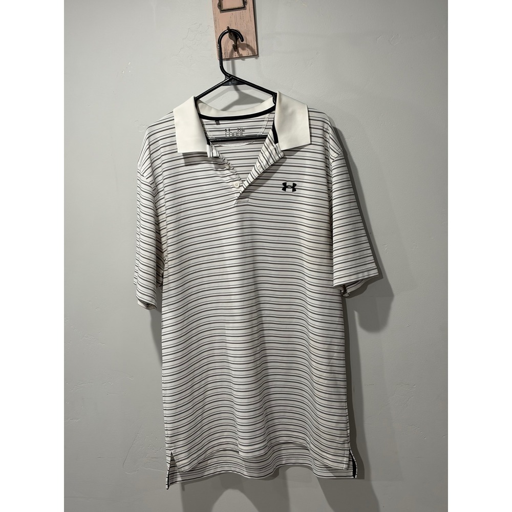 Under Armour HeatGear Loose Fit Striped Golf Polo Shirt Mens XL White Grey